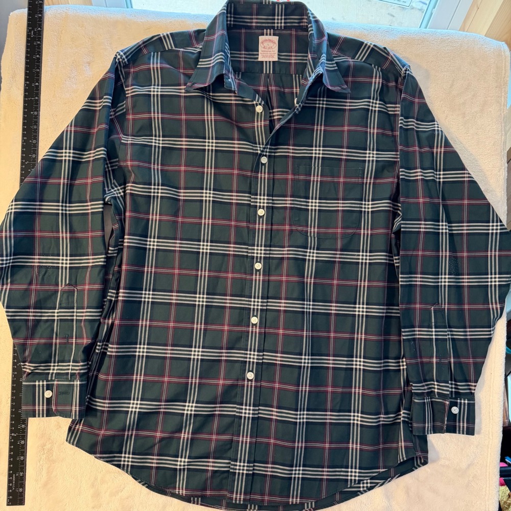 Brooks Brothers Madison Fit Supima Cotton Plaid Shirt Green Navy Mens L